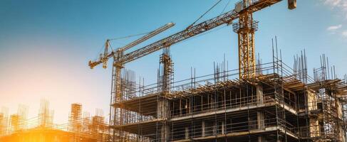 The construction site showcasing cranes and scaffolding under a sunset sky photo
