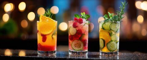 The vibrant assortment of refreshing cocktails with fruits and herbs. photo