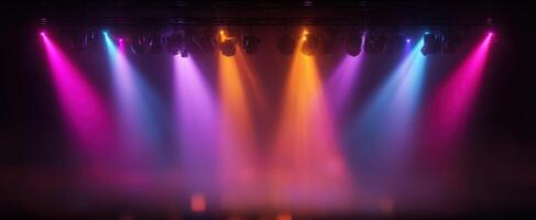 The vibrant stage lights illuminating an energetic performance atmosphere in a venue. photo