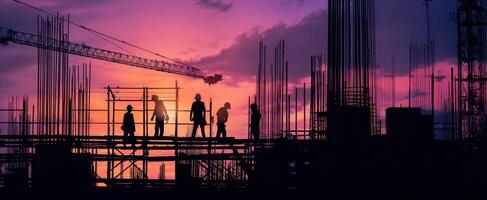 The silhouetted construction workers at sunset on a busy urban site. photo