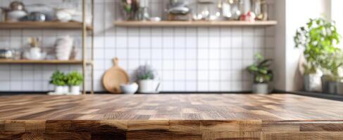 The inviting wooden countertop in a contemporary kitchen setting. photo