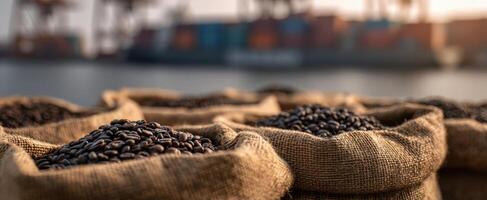 The burlap sacks filled with coffee beans at a bustling shipping dock. photo