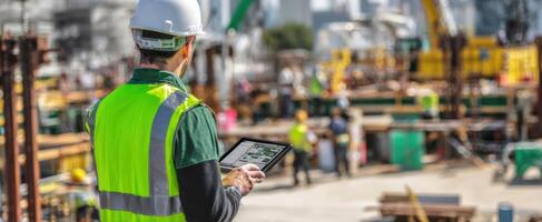 The construction worker using a tablet on a busy worksite for project management. photo