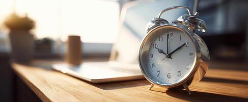 The vintage alarm clock sitting on a stylish wooden desk in a workspace. photo