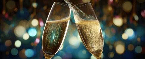 The elegant champagne glasses clinking in a festive celebration atmosphere. photo