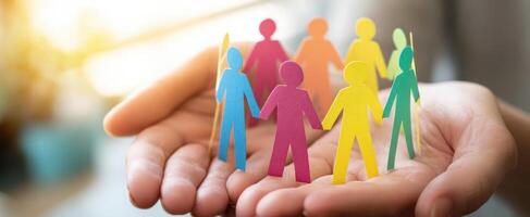 The hands supporting colorful paper people representing community and collaboration. photo