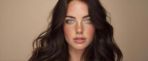 The captivating beauty of a young woman with striking blue eyes and freckled skin. photo