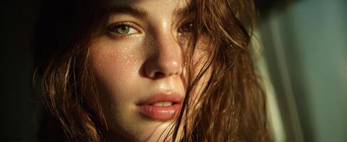 The Glowing Portrait of a Serene Woman with Captivating Eyes photo