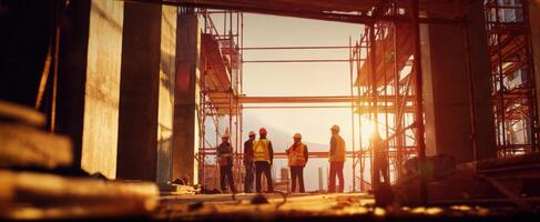 The construction workers collaborating at sunset in a developing site. photo