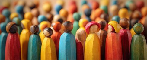 The vibrant crowd of colorful wooden figurines representing community and diversity photo