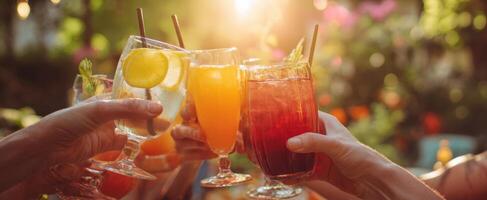 The colorful cocktails celebrating friendship in a vibrant outdoor setting. photo