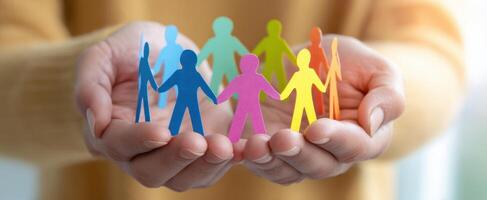 The paper people symbolizing unity and connection in caring hands. photo