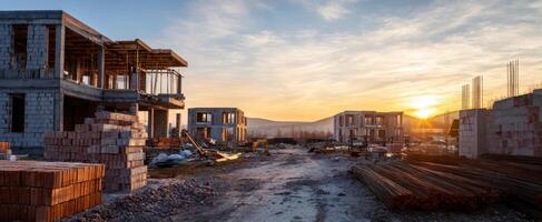 The construction site at sunset showcasing new buildings in progress. photo