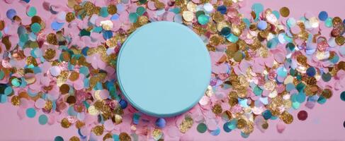 The vibrant blue circular box surrounded by colorful confetti on pink background. photo
