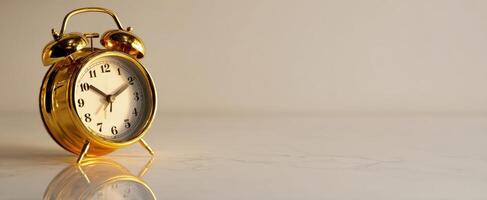 The golden alarm clock displaying the beauty of vintage decor and timekeeping. photo