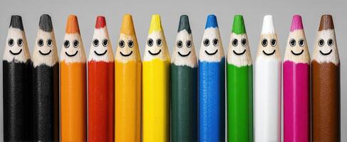 The cheerful colored pencils with smiles on their faces in a playful arrangement. photo