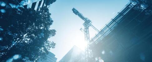 The towering construction crane reaching for the skyline under bright sunlight. photo