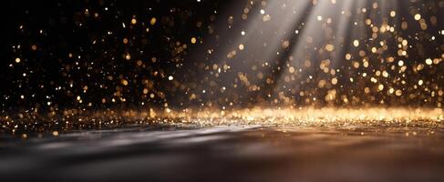 The shimmering glow of golden particles in a dramatic light setting photo