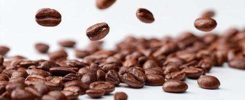 The floating coffee beans creating a rich and aromatic scene. photo