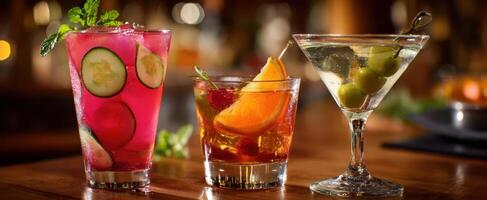 The colorful assortment of cocktails showcasing summer vibes and refreshing flavors. photo