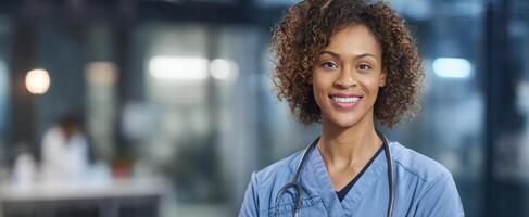 The confident healthcare professional smiling in a modern clinic setting. photo