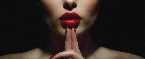 The captivating lips of a glamorous woman inviting silence and intrigue. photo
