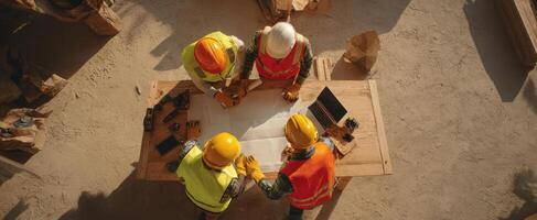 The construction team analyzing blueprints on a job site for effective planning. photo
