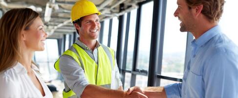 The construction worker shaking hands with business professionals in a modern office. photo