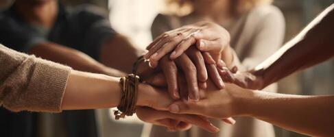 The hands of collaboration showcasing unity and teamwork in a warm environment. photo