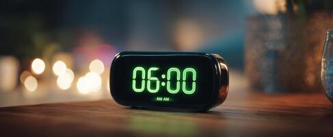 The modern digital alarm clock glowing brightly at 500 AM. photo