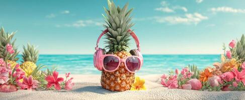 The vibrant pineapple wearing sunglasses and headphones at the beach. photo