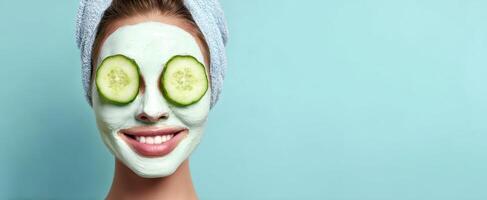 The woman enjoying a refreshing facial mask with cucumber slices on her eyes photo