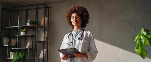 The confident doctor presenting care in a modern clinic setting. photo