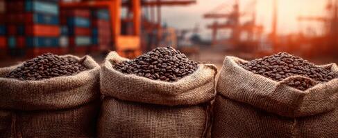 The burlap sacks filled with coffee beans at a bustling shipping port photo