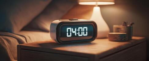 The digital alarm clock displaying 0400 in a cozy bedroom setting. photo