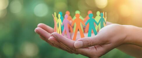 The hands holding colorful paper figures symbolize unity and community support. photo