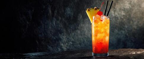 The vibrant cocktail with pineapple and cherry garnishes against a dark background. photo