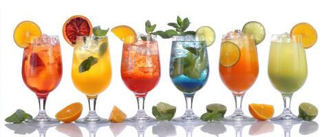 The vibrant collection of cocktail glasses featuring refreshing fruit garnishes. photo