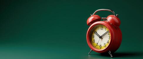 The vintage red alarm clock highlighting time in a minimalist setting. photo