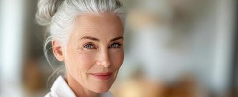The radiant older woman displaying confidence and elegance in a bright setting photo