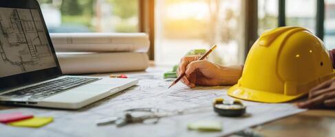 The architect's workspace with plans, laptop, and construction tools. photo