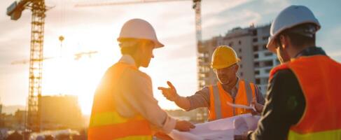 The construction team collaborating on project plans at sunset on site. photo