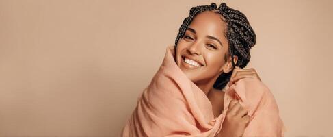 The Beautiful Woman Wrapped in a Soft Blanket Smiling Radiantly photo