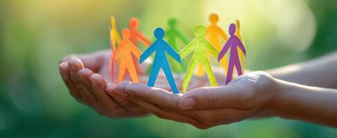 The colorful figures of unity held in caring hands in nature's light. photo