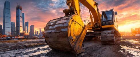 A large excavator is in the foreground of a sunset photo