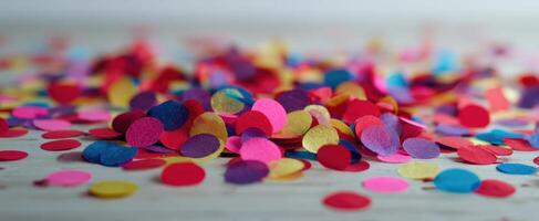 The vibrant confetti scattered across a textured surface celebrating joyful events. photo