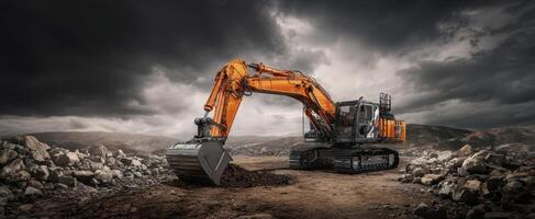 The Excavator Operating on a Rugged Construction Site Under Dramatic Skies photo