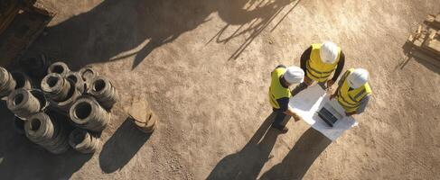 The construction team collaborates on project plans at a building site. photo