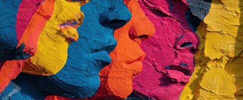 The vibrant mural depicting colorful faces showcasing diverse expressions and artistic creativity. photo