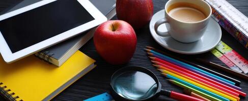 The vibrant workspace with educational supplies and a warm cup of coffee. photo
